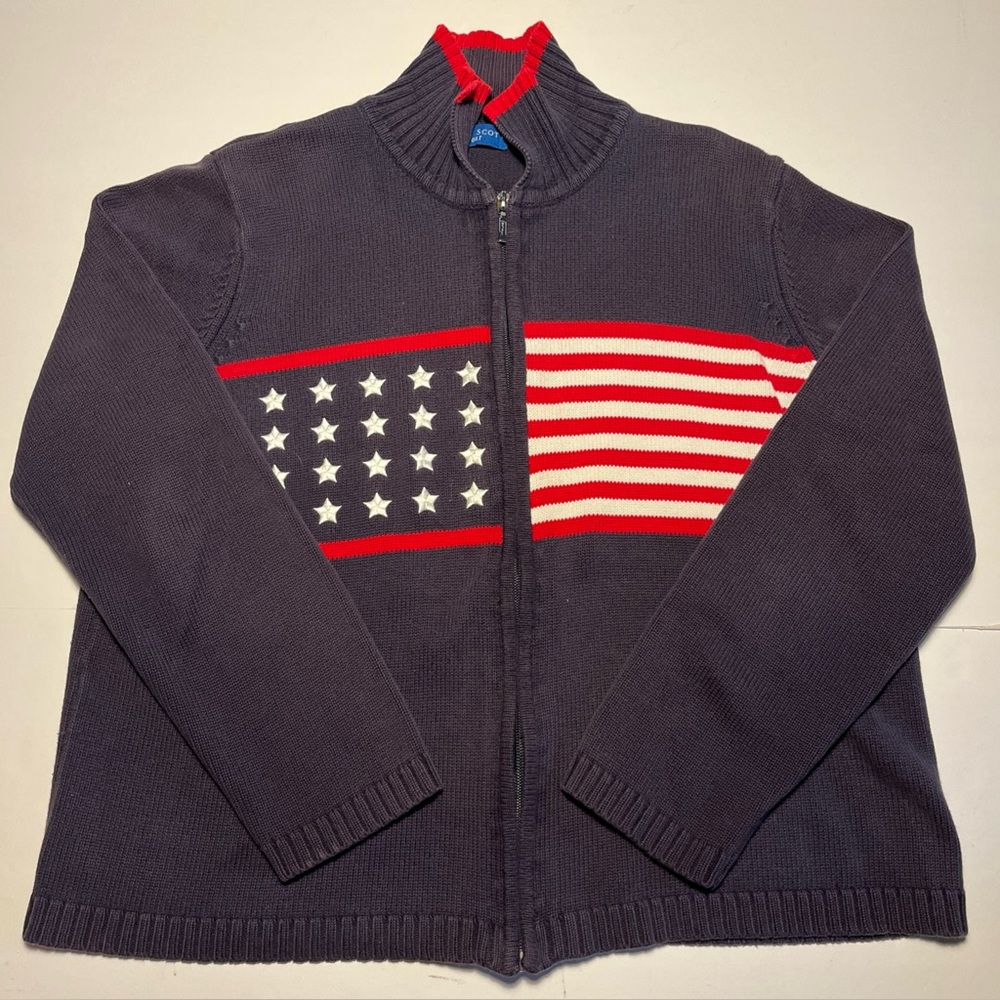 KAREN SCOTT Sport Sweater Cotton American Flag Patriotic Stars Stripes Sz Large